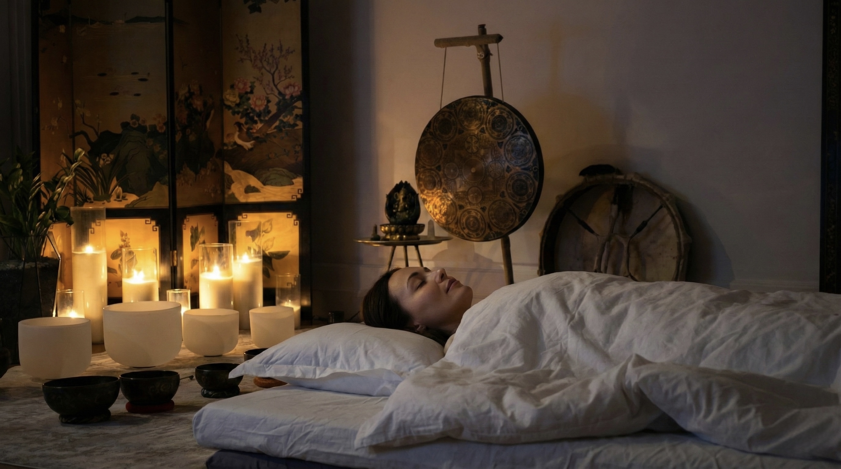 VIP healing session with singing bowls and candles